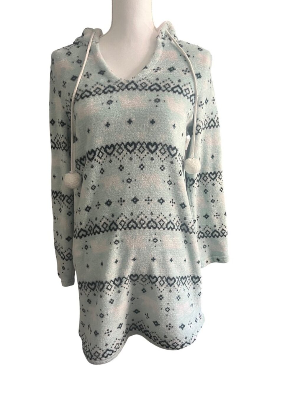 Fair Isle Inspired Soft Mint Fleece Hooded Cozy Lounge Winter Tunic Joe Boxer M